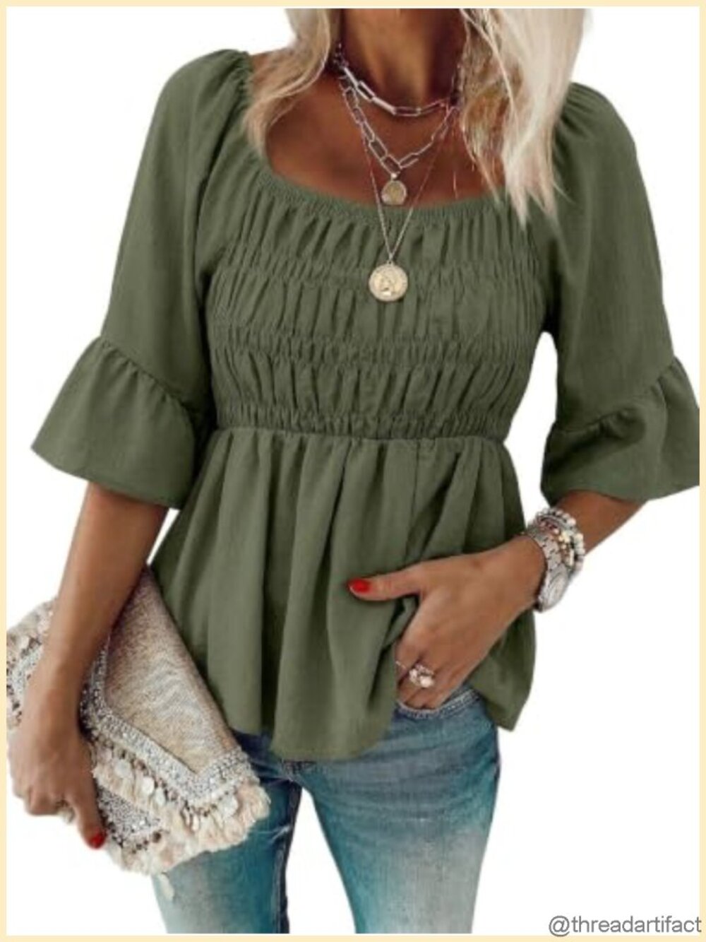 Womens 3/4 Sleeve Peplum Blouse Square Neck Ruffle Babydoll Top